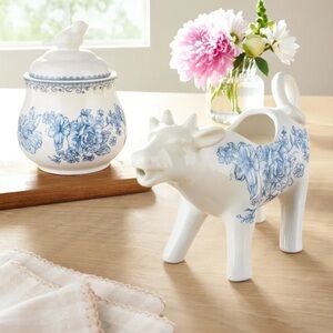The Pioneer Woman Blue Agatha Stoneware Sugar Bowl and Creamer Set.